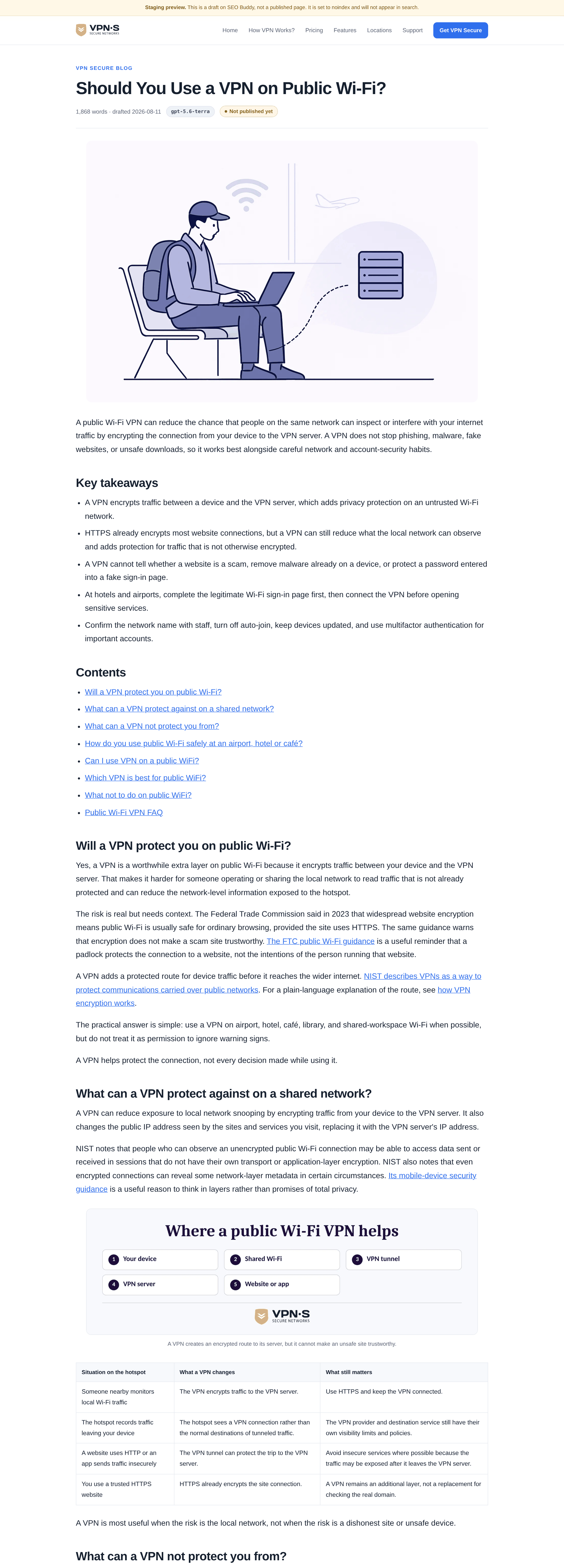A delivered article playing past: the customer's header and navigation, the title, an illustration, key takeaways, a table of contents, two sections citing sources, an infographic in their brand colours and a comparison table